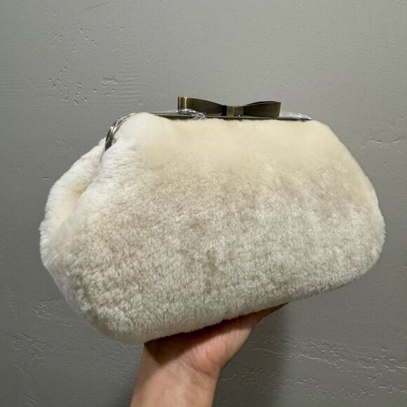 Cream Real Shearling Leather Handmade Bowknot Kisslock Clutch/Wristlet/Crossbody - Picture 12 of 14
